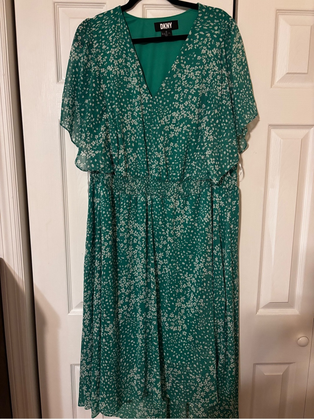 DKNY Teal Green Floral Wrap-Style Midi Dress